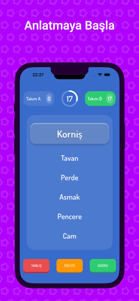 Anlat Bakalım - Tabu Kelime - Interfaz del juego móvil Anlat Bakalim que muestra un desafío de adivinanza de palabras en turco con palabras de tabú y un temporizador.