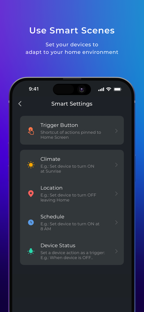 Globe Suite app interface showing smart scene settings and automation triggers.