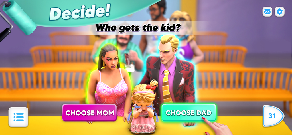 Modern Community - A dramatic scene in Modern Community where the player must choose between a mom and a dad for a crying child