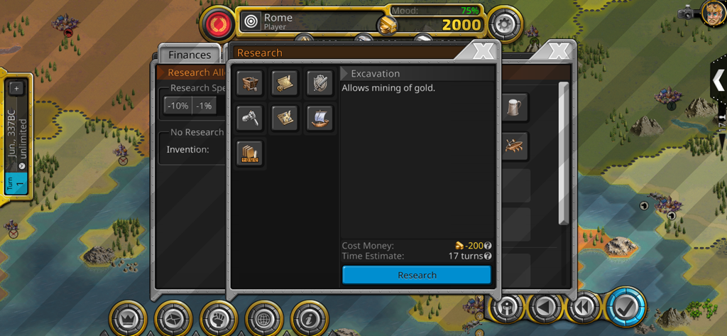 Demise of Nations - Research menu in Demise of Nations showing excavation technology selection for the Roman Empire