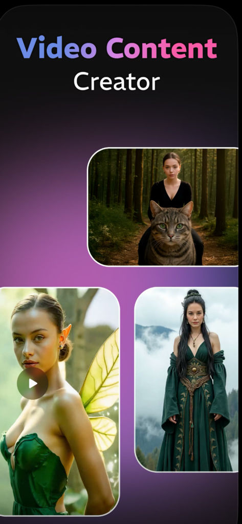 Vivideo.ai: AI Video Generator - Showcase of cinematic AI generated videos featuring a fairy and fantasy characters.