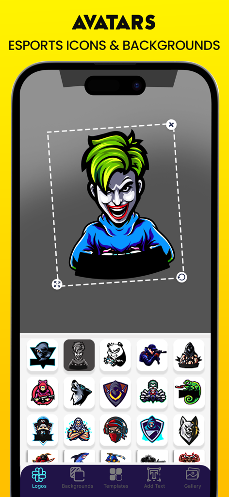 Gaming Esports Maker Logo Clan - Mobile App-Oberfläche zur Erstellung von E-Sport-Logos und Gaming-Avataren mit verschiedenen Vorlagen