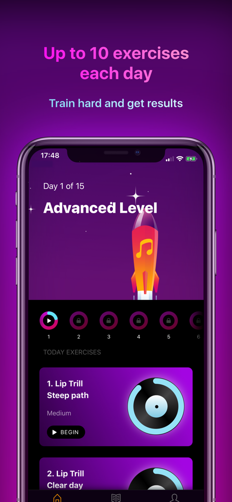 Advanced level daily vocal exercises in the Vocal Workout app.