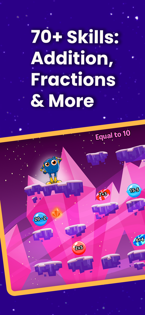 Math Facts Fun Practice Games - Un personaje de monstruo azul navegando en un mundo de cristal rosa con burbujas de problemas matemáticos para sumas y multiplicaciones.