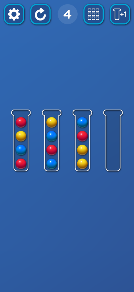 Sort Ball: Arrange Color Tubes - A mobile game screen featuring colored balls in glass tubes ready for sorting.