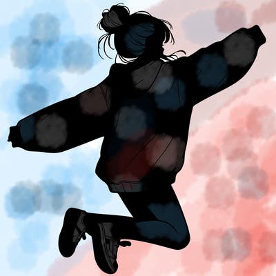 realistic girl jumping with a bun and oversized sweatshirt