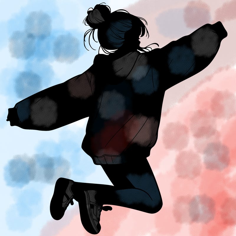 realistic girl jumping with a bun and oversized sweatshirt