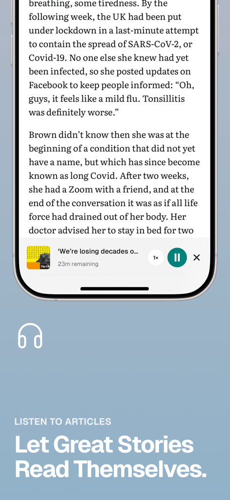 Folio – Save now. Read later. - Interface do aplicativo Folio mostrando um artigo de texto com um player de áudio integrado na parte inferior para ouvir as histórias.