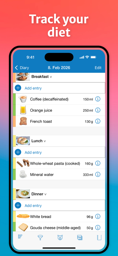 Food Intolerances - Interface of the Food Intolerances app showing a food diary with daily meal tracking and tolerance ratings
