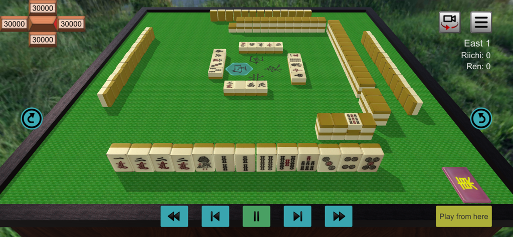 3D view of a Riichi Mahjong game replay with playback controls and a Play from here button