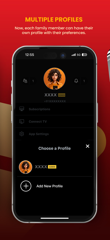 Saina Play app interface showing the multiple profiles selection screen for different family members