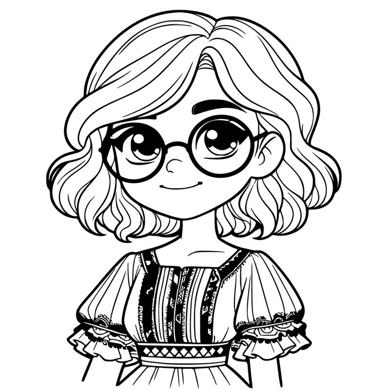 one girl with medium short hair, which are wavy. she has round glasses. she wears a latina outfit.