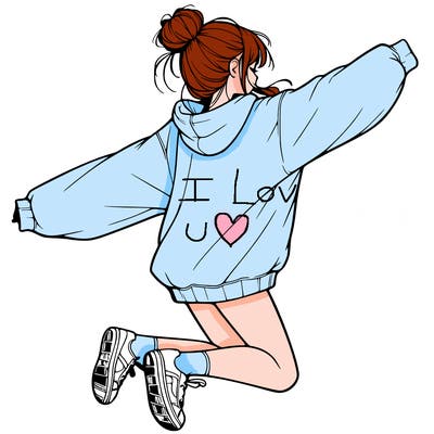 realistic girl jumping with a bun and oversized sweatshirt