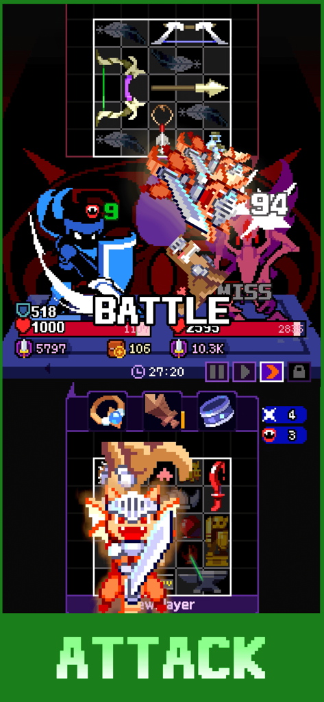 Overgeared Hero: Merge RPG - Pantalla de batalla de RPG de píxeles retro mostrando al héroe atacando con gestión de inventario de mochila