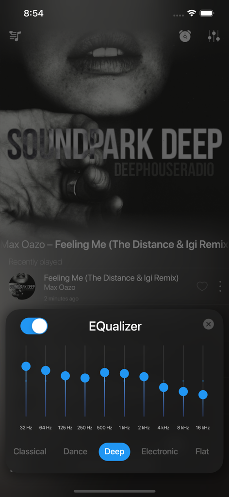 SOUNDPARK #DEEP - SOUNDPARK DEEP music app equalizer interface with adjustable frequency bands and genre presets