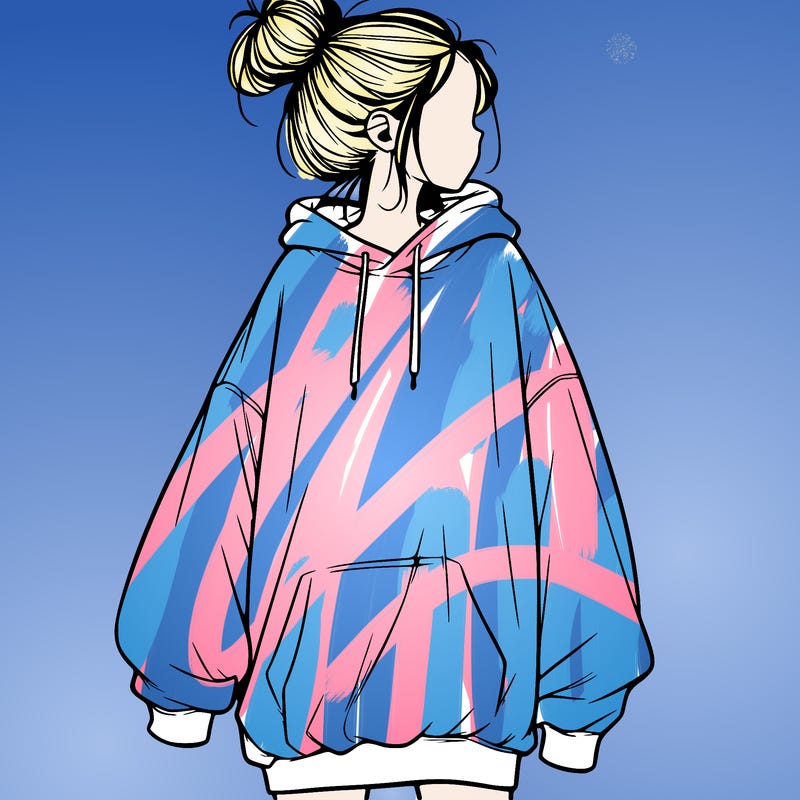 realistic girl with a oversized sweatshirt on and a bun