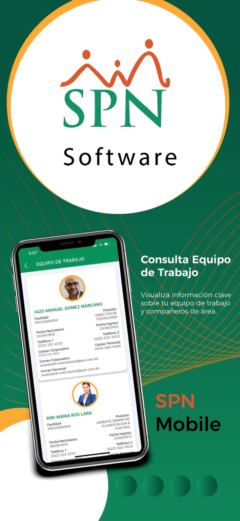 SPN Software mobile app displaying the work team directory with employee contact information
