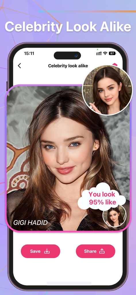 Interface of the Celebrity Look Alike feature showing a face comparison match of ninety five percent