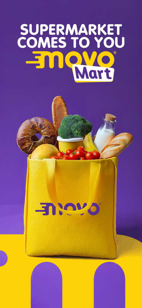 Movo - Delivery - Yellow shopping bag filled with fresh groceries and Movo Mart logo