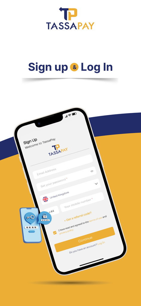 Tassapay - Tassapay mobile app sign up and login screen showing the registration form on a smartphone
