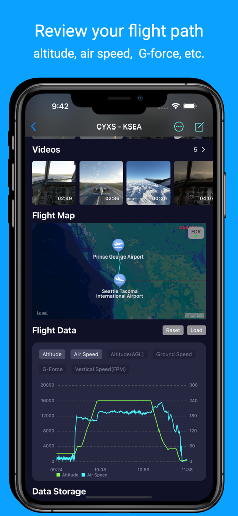 SimFly Pad - SimFly Pad app interface showing a flight map with path from Canada to Seattle alongside altitude and air speed charts