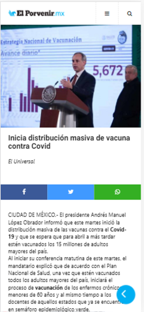 Screenshot of a news article in the El Porvenir MX app about the massive distribution of COVID-19 vaccines in Mexico