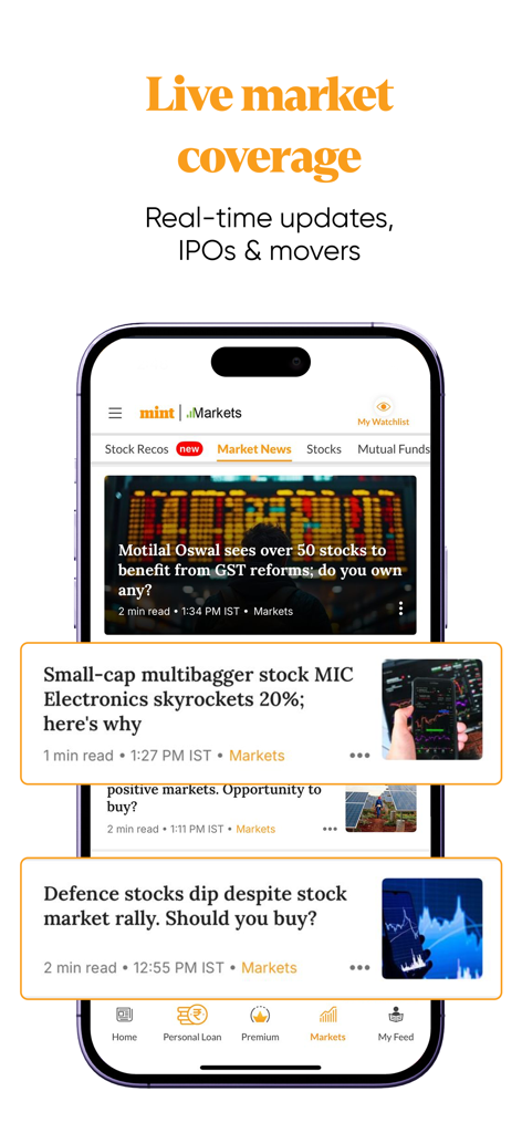 Interface do Mint News App mostrando atualizações do mercado de ações em tempo real e manchetes de notícias financeiras