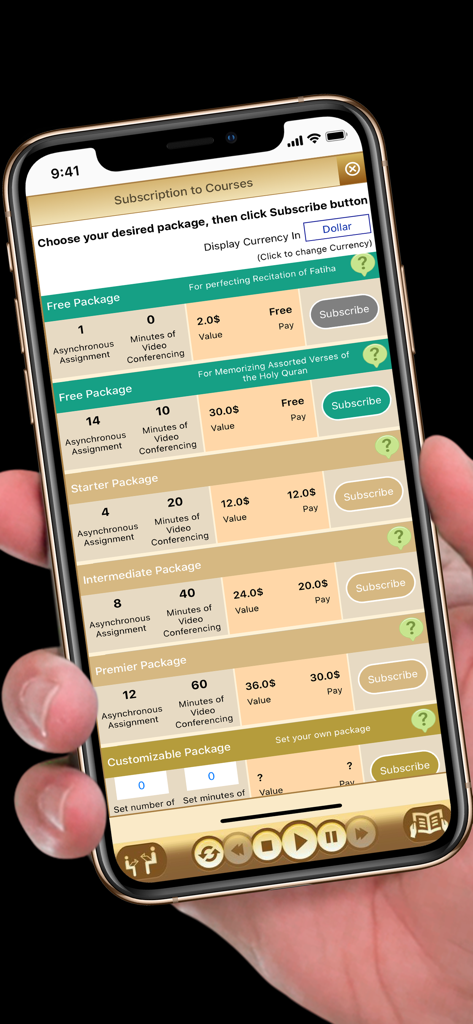 Quran University - Screenshot of the Quran University app showing various subscription packages for asynchronous assignments and video conferencing.