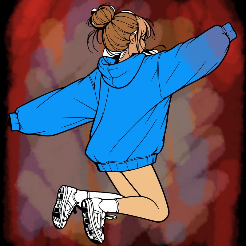 realistic girl jumping with a bun and oversized sweatshirt
