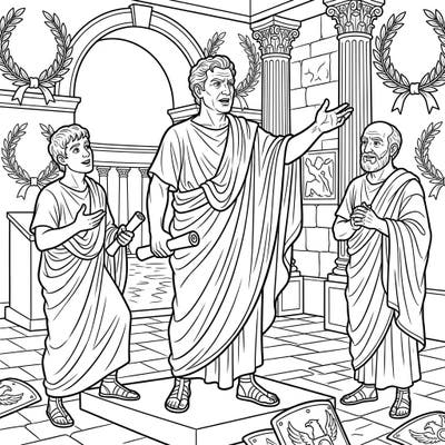 Immerse yourself in the grandeur of ancient Rome with this captivating coloring page featuring powerful Roman Orators. Bring to life a historical scene filled with eloquent speeches and classical architecture, perfect for all history enthusiasts.