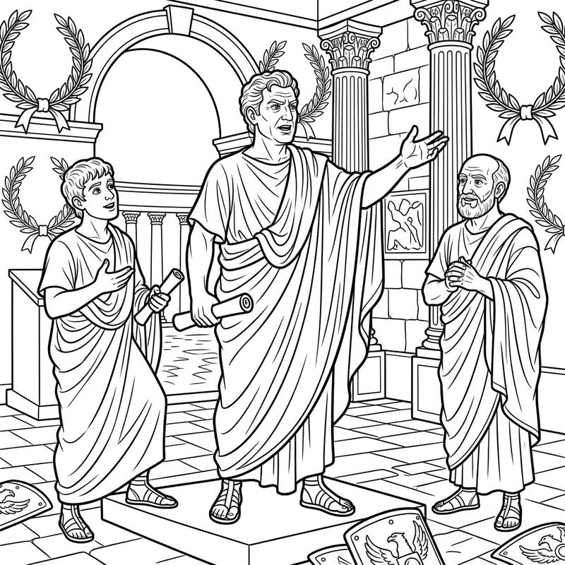 Immerse yourself in the grandeur of ancient Rome with this captivating coloring page featuring powerful Roman Orators. Bring to life a historical scene filled with eloquent speeches and classical architecture, perfect for all history enthusiasts.