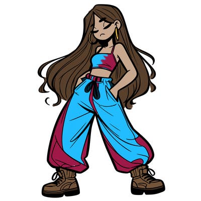 girl in baggy pants crop top and long hair