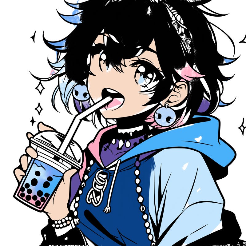 hot baddie anime girl drinking boba and biting the straw