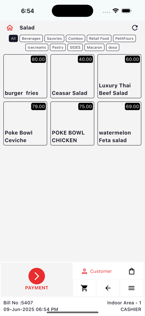 iPOS Restaurant POS menu interface showing food items like salads and burgers with prices and category tabs