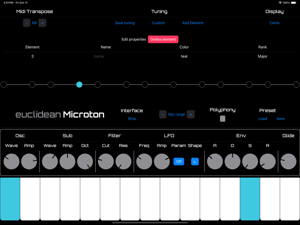 La interfaz de usuario del sintetizador Microton con el visualizador de monocordio, controles del motor de sonido y un teclado microtonal personalizado.