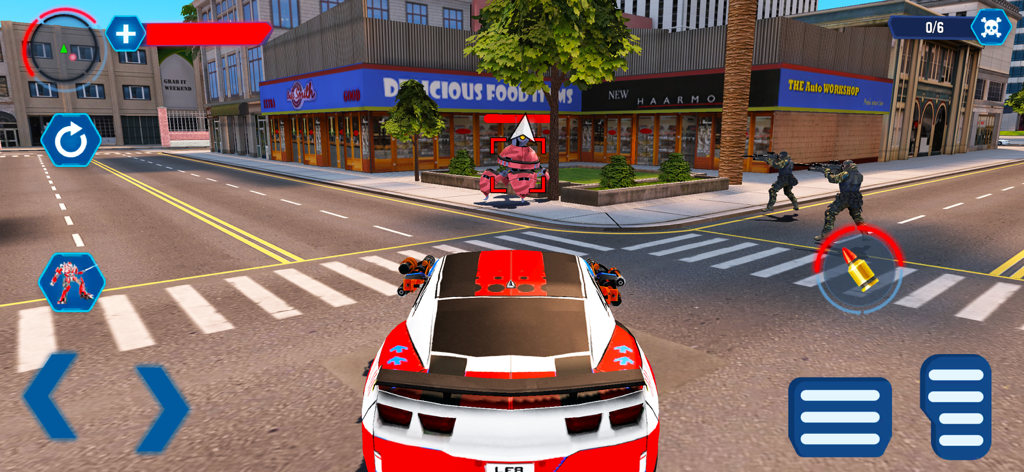 Action gameplay featuring a transformed robot car fighting in city streets
