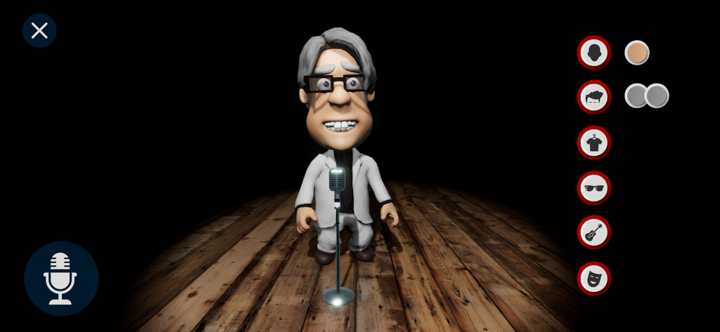 Comedy Night - The Voice Game - A customizable male avatar standing on a wooden comedy stage with a microphone and menu icons.