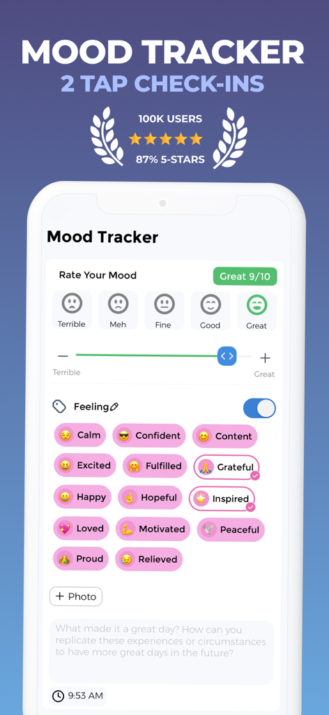 Mood Tracker Journal - Mood Tracker Journal app interface showing a mood rating slider and emotion tags for a daily check-in