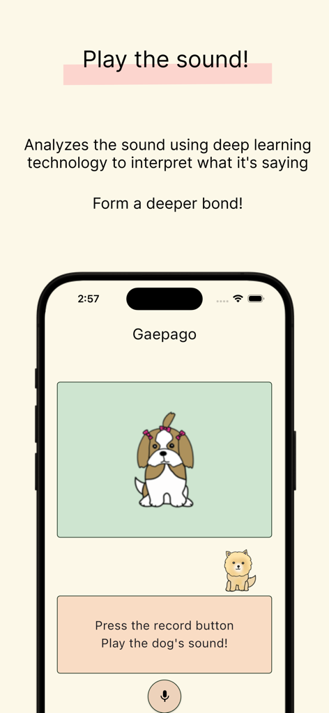 Dog Voice Translator - Interface of the Dog Voice Translator app showing a cartoon dog and a record button to analyze sounds using deep learning