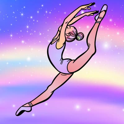 gymnast doing a leap in a leotard with a bent back leg