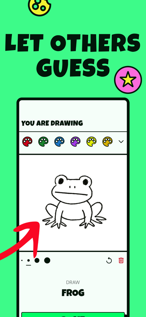 Guess the Drawing: Pictionary - A hand-drawn frog in the Guess the Drawing mobile app interface.