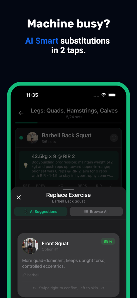 Arvo: AI Workout Coach - Arvo AI app interface for smart exercise substitutions when gym equipment is busy.