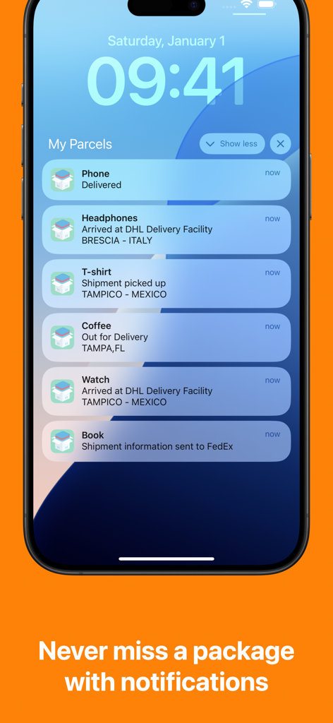 Find My Parcels - iPhone lock screen displaying real-time parcel tracking notifications for various deliveries including status updates for headphones and coffee.