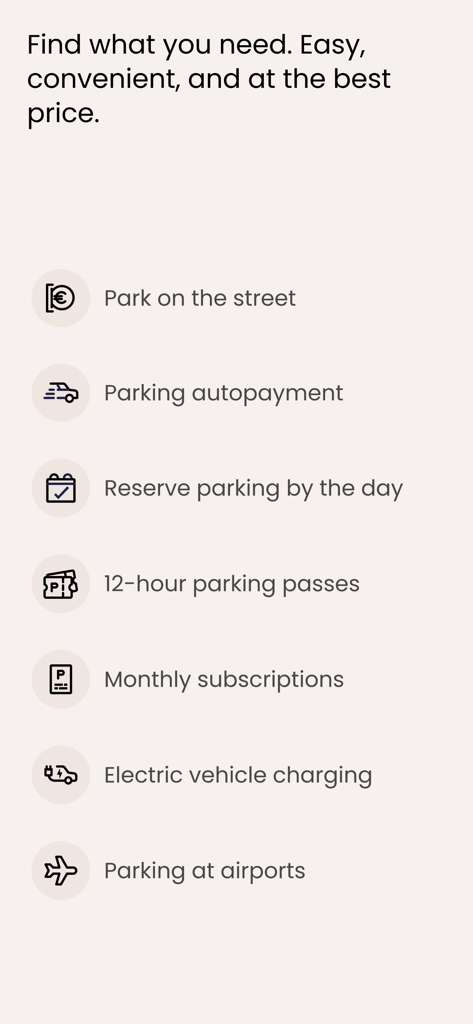 Telpark - A list of Telpark app features including street parking, autopayment, daily reservations, EV charging, and airport parking services