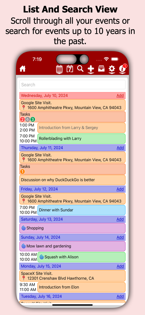 myCal PRO Planner - 검색 표시줄이 있는 색상 코딩된 캘린더 이벤트 목록을 보여주는 myCal PRO 앱 인터페이스