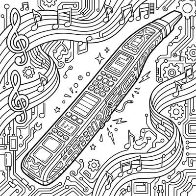 Unleash your creativity with this detailed coloring page featuring a modern electronic wind instrument. Surrounded by abstract musical notes and circuit board designs, it offers a unique blend of music and technology for your artistic touch.