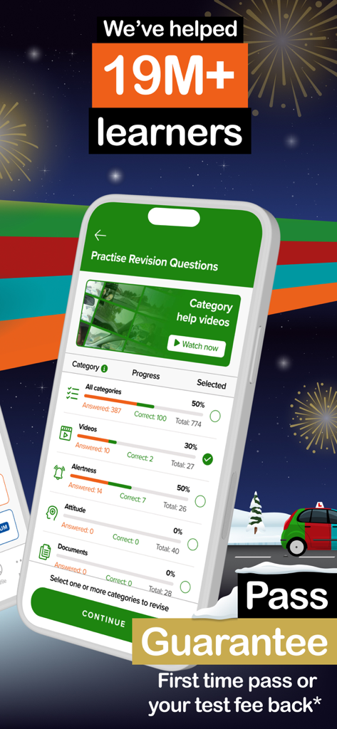Driving Theory Test 4 in 1 Kit - Screenshot of the Driving Theory Test 4 in 1 Kit app showing revision question categories and progress tracking.