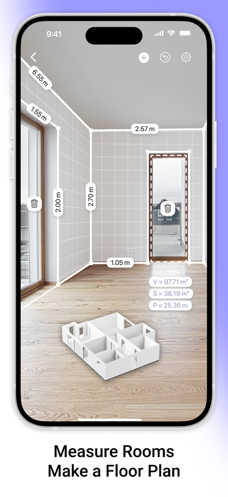 AR Plan 3D app interface measuring a room with augmented reality and showing a 3D floor plan