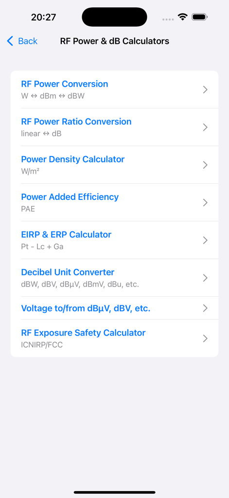 RF & Ham Radio Toolkit - A list of RF power and decibel calculation tools within the RF and Ham Radio Toolkit app.