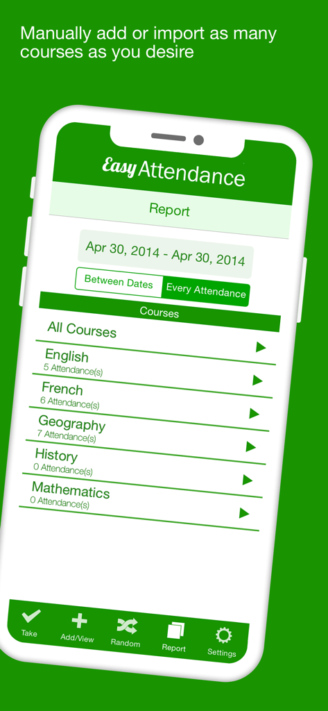 Pantalla de la aplicación Attendance Tracker que muestra una lista de cursos, incluyendo Inglés y Francés, con opciones de reporte de asistencia.